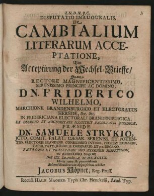 Disputatio Inauguralis, De Cambialium Literarum Acceptatione