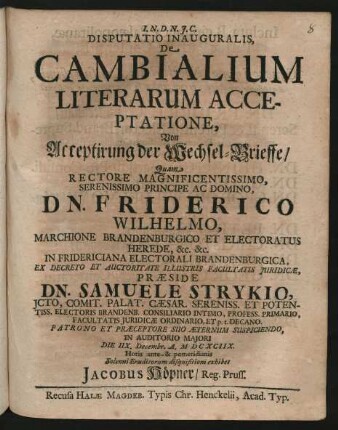 Disputatio Inauguralis, De Cambialium Literarum Acceptatione
