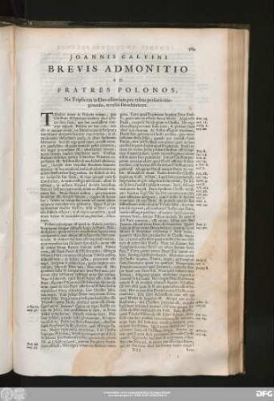 Ioannis Calvini Ad Fratres Polonos, Ne Triplicem in Deo essentiam pro tribus personis imaginando, tresibi Deos fabricent.