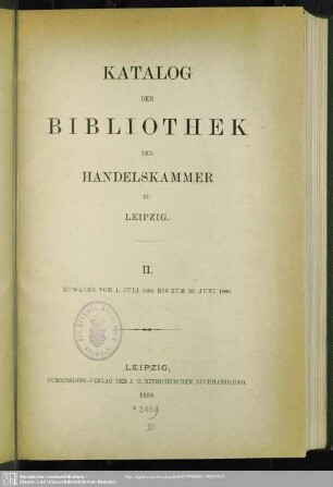 2.1884/88: Katalog der Bibliothek der Handelskammer zu Leipzig