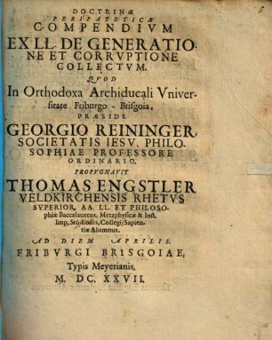 Doctrinae peripateticae compendium ex LL. de generatione et corruptione collectum