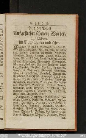 Aus der Bibel Ausgesuchte schwere Wörter, zur Uebung im Buchstabiren und Lesen.