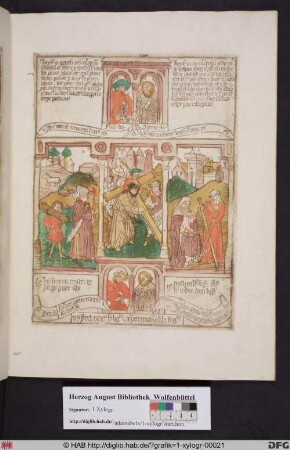 Drei biblische Szenen umgeben von vier Propheten. Links Abraham und Isaak, mittig Kreuztragung, rechts der Prophet Elias und die Witwe von Sarepta.