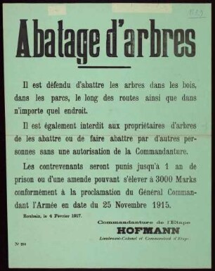 "Abatage d'arbres" (Verbot des Fällens von Bäumen) (No. 290)