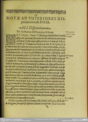 Motae Ad Superiores Disputationes de Deo. Ad 1. Disputationem. De Existentia Dei, contra Atheos