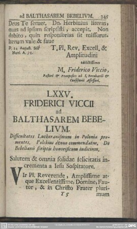 LXXV. Friderici Viccii ad Balthasarem Bebelium