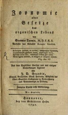 Zoonomie oder Gesetze des organischen Lebens, Zweyten Theils erste Abtheilung
