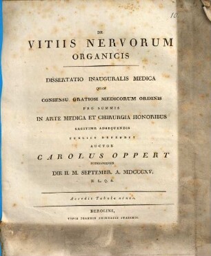De vitiis nervorum organicis : Diss. inaug. med. ; cum tab. aen.