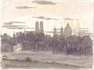 ohne Verfasserangabe; München; Blick vom Monopteros auf Theatinerkirche und Frauenkirche - Ansicht