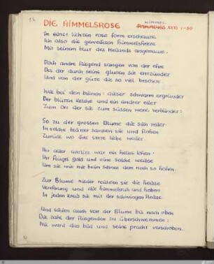 Die Himmelsrose (Die Himmelsrose, Abschied der Seligen, Himmel XXXI, 1 - 30) : [SW X/XI: h2]; [SW X/XI, S. 135-136/196] / Geschrieben von Friedrich Gundolf. Korrigiert von Ernst Gundolf