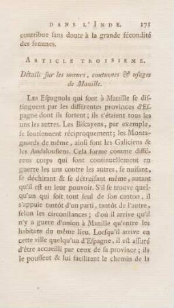 Article troisieme. Détails sur les moeurs, coutumes & usages de Manille