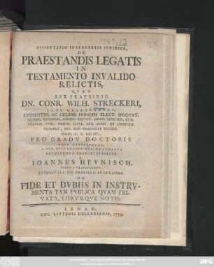 Dissertatio Inavgvralis Ivridica, De Praestandis Legatis In Testamento Invalido Relictis