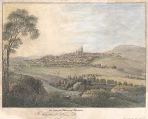 Ansicht der Stadt Annaberg, kolorierte Umrissradierung, um 1835 : Die Saechsische Bergstadt Annaberg / [gest. v. J. S. A. Schmidt]. - [Magdeburg] : [Donati & Fattquett] , [um 1835]. - 1 Kunstbl. : kolor. Stich ; 56 x 40 cm