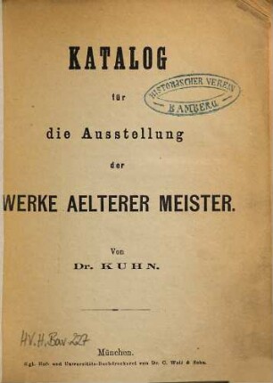 Katalog für die Ausstellung der Werke aelterer Meister