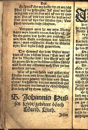 S. Johannis Hussen Ledt / gebetert dorch Marth. Luth.