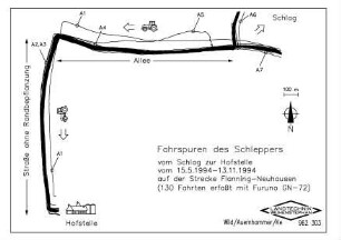 Fahrspur des Schleppers von der Hofstelle zum Schlag im Zeitraum vom 15.5 - 13.11.1994 auf der Strecke Flanning - Neuhausen (130 Fahrten ermittelt mit Furuno GN-72)