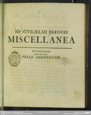 Jo. Guilielmi Bergeri Miscellanea