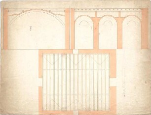Klenze, Leo von; München; Alte Pinakothek - Raum mit Balkenlage (Grundriss, Querschnitt, Längsschnitt)
