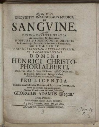 Disquisitio Inauguralis Medica De Sanguine
