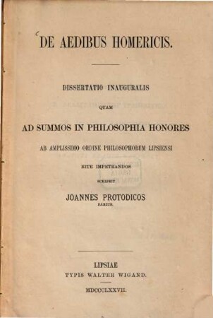 De aedibus Homericis : (Leipz. Doctordiss.)