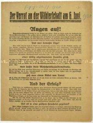 Flugschrift der SPD zum Ergebnis der Reichstagswahl 1920 und Aufruf zum Beitritt