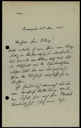 Nr. 4: Brief von Gyula König an David Hilbert, Budapest, 17.5.1905