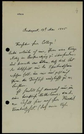 Nr. 4: Brief von Gyula König an David Hilbert, Budapest, 17.5.1905