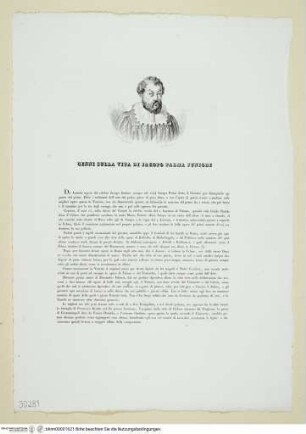 Porträt des Jacopo Palma il Giovane als Frontispiz über einer zweiseitigen Biografie "Cenni Sulla Vita Di Jacopo Palma Juniore"