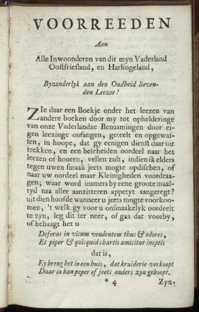 Voorreeden Aan Alle Inwoonderen van dit myn Vaderland Oostfriesland, en Harlingeland, Byzonderlyk aan den Oudheid lievenden Leezer!