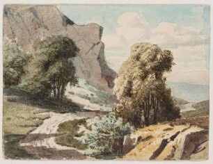 Schmale Straße zwischen zwei Baumgruppen, grauer Felsen