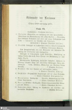 Uebersicht der Lectionen von Ostern 1869 bis dahin 1870