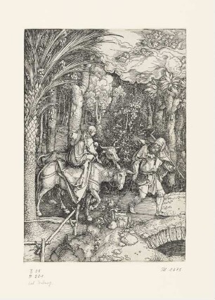 Flucht nach Ägypten, Blatt 14 aus: Albrecht Dürer, "Epitome in Divae Parthenices Mariae Historiam ab Alberto Durero Norico per figuras digestam cum versibus annexis Chelidonii", Nürnberg 1511, [ohne Kustode]