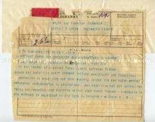Telegramm des Kaisers Wilhelm II. an den Kommandeur des 2. Ostasiatischen Infanterie-Regiments Sigismund von Förster zum Einzug in Wien