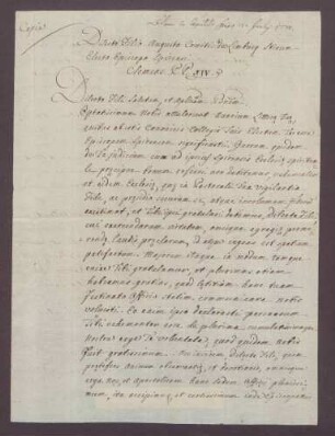 Papst Clemens XIV. gratuliert dem Bischof August von Speyer zu seiner Wahl.