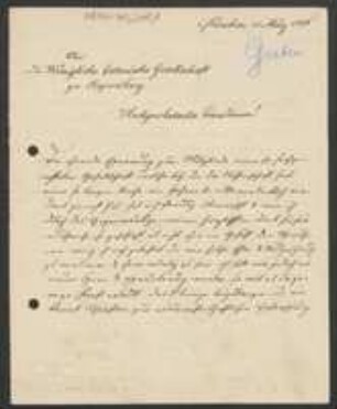 Brief von Georg Gerber an Regensburgische Botanische Gesellschaft