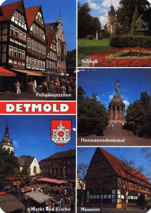 Postkarte. Detmold. Fußgängerzone, Markt und Kirche, Schloß, Hermannsdenkmal, Museum