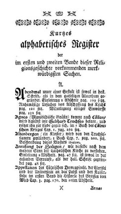 Kurtzes alphabetisches Register der im ersten und zweiten Bande dieser Religionsgeschichte vorkommenden merkwürdigsten Sachen.