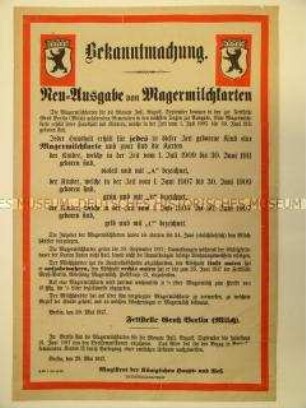 Maueranschlag: Bekanntmachung betr. Neuausgabe von Magermilchkarten