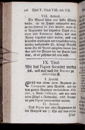 IX. Titul. Wie das Piquet formiret werden soll, und was nach der Retraite zu observiren ist.