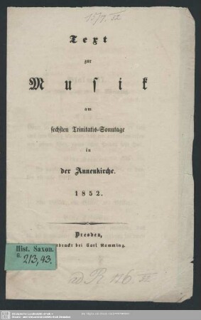 Text zur Musik am sechsten Trinitatis-Sonntage in der Annenkirche, 1852