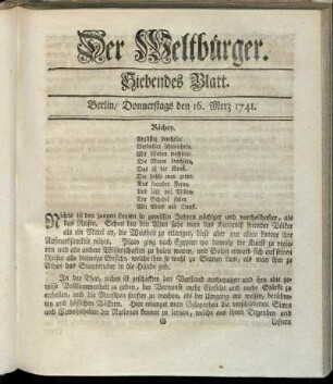 Siebendes Blatt. Berlin, Donnerstags den 16. Merz 1741.