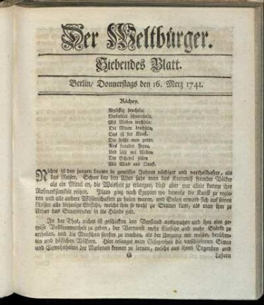 Siebendes Blatt. Berlin, Donnerstags den 16. Merz 1741.
