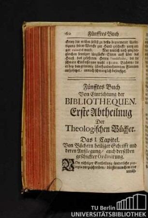 Fünfftes Buch. Von Einrichtung der Bibliothequen.