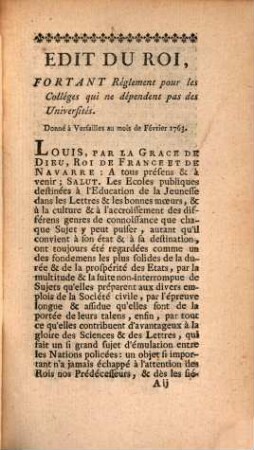 Edit du roi, portant réglemens pour les colléges qui ne dépendent pas les Universités : Donné à Versailles au mois de Febr. 1763