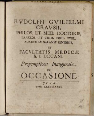 Rvdolffi Gvilielmi Cravsii, Philos. Et Med. Doctoris, Praxeos Et Chim. Prof. Pvbl. Academiæ Salanæ Senioris, Et Facvltatis Medicæ h.t. Decani Propempticon Inaugurale De Occasione