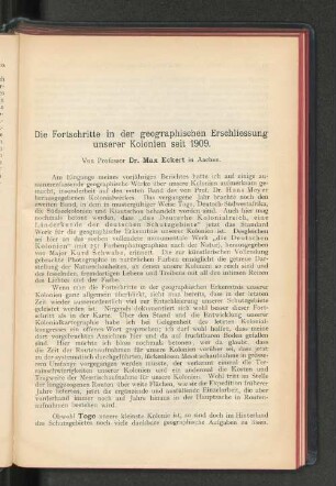 Die Fortschritte in der geographischen Erschliessung unserer Kolonien seit 1909.