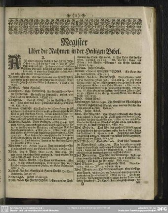 Register Ueber die Nahmen in der Heiligen Bibel