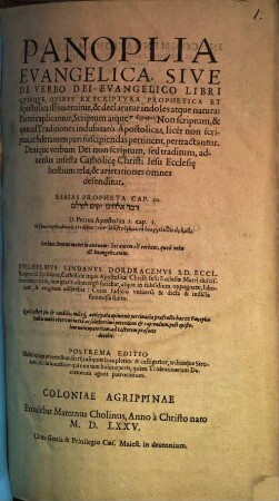 Panoplia evangelica : sive de verbo Dei evangelico libri quinque, quibus ex scriptura proph. et apost. illius eruitur et declaratur indoles atque natura