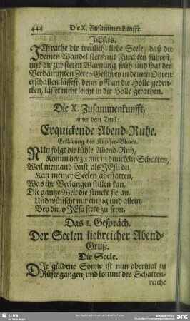 Die X. Zusammenkunfft, unter dem Titul: Erquickende Abend-Ruhe
