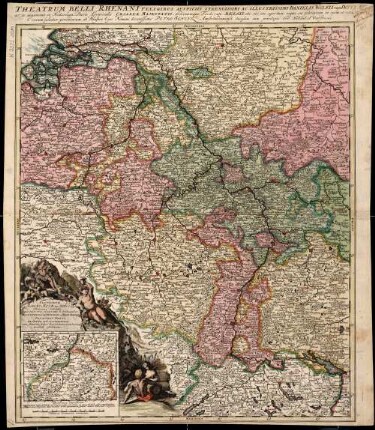 Fluviorum Rheni Mosae ac Mosellae Novissima Exhibitio : qua Sacri tres Electoratus & Archiepiscop: Moguntinus, Coloniensis et Trevirensis, Palatinat[us] Rheni, Alsatia Et Lotharingia cum finitimis Belgii Regii & Batavorum Provincijs accuratè ostenduntur ; Feligibus Auspiciis Strenuissimi Ac Illustrissimi Danielis Wolfii van Dorpfe, ar te aigimont et Nederkan, Ducis Generalis Caesareae Majestatis ... ; cum Privilegio Ord. Holland. et Westfrisiae